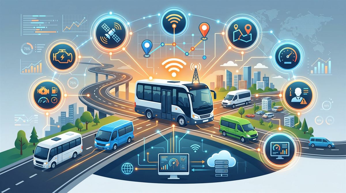 Illustration eines vernetzten Fahrzeugs mit GPS-, Geschwindigkeits- und Verbrauchsdaten